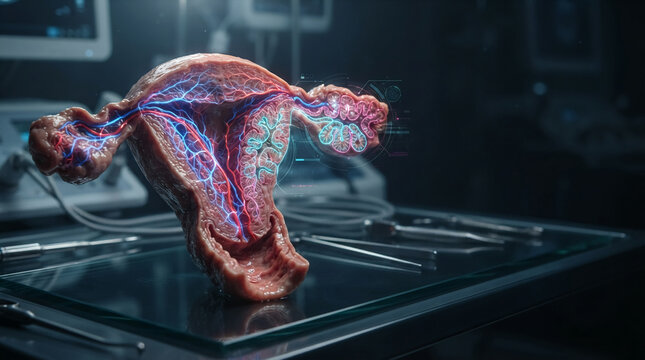 Uterus and fallopian tubes anatomical model with glowing blue and red vascular system