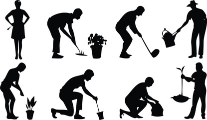 Naklejka premium Set of people gardening and planting flowers and plants