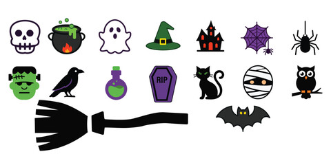 Obraz premium A festive collection of halloween icon graphics with a broomstick for seasonal celebrations and spooky designs
