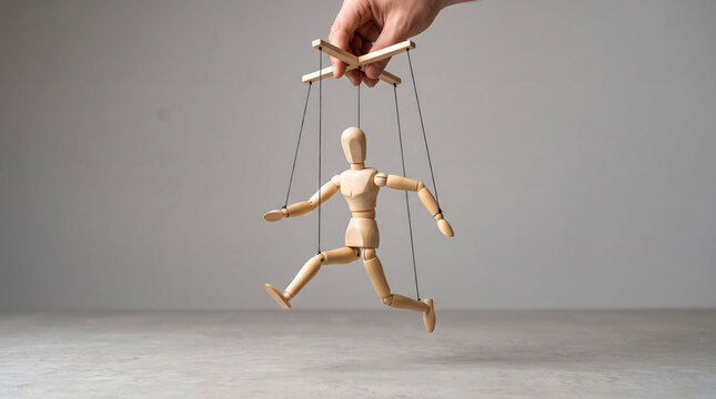 Hand controlling wooden marionette puppet with strings