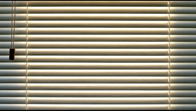 Close-up of horizontal blinds, partially closed, with soft light illuminating the slats