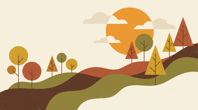 Autumn landscape in mid-century modern illustration style, geometric trees with golden and rust-colored foliage, rolling hills, oversized sun 