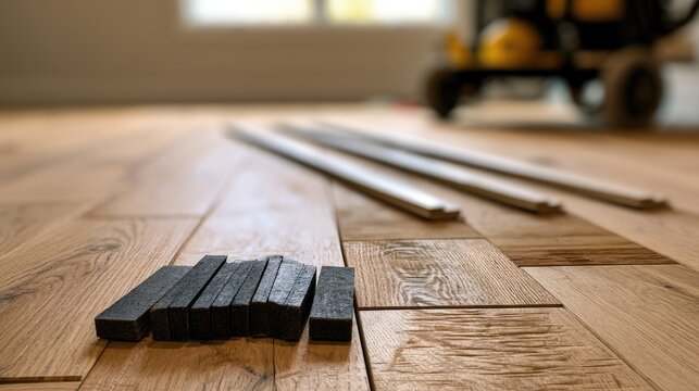 New wood flooring installation with tools and planks in sunlight