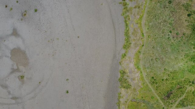 Aerial view of the intertidal mudflats and vegetation on the coast at Grange over Sands in Cumbria