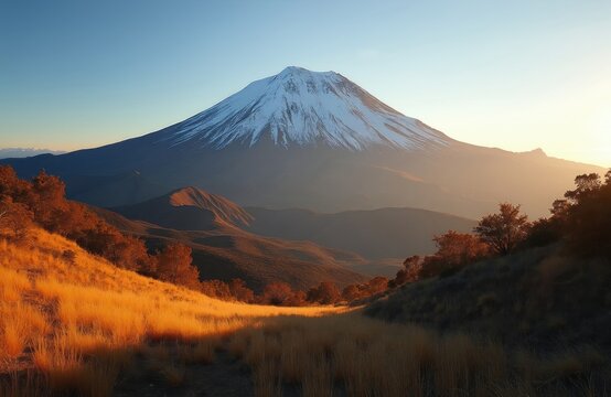 Snow covered Mount Elgon volcano peak glows under golden sunset light. Huge mountain landscape features dramatic long shadows across grassy hills, forest valleys. Wilderness environment view displays