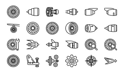 Plane turbine outline icon set with jet engine aircraft propulsion aviation equipment and aerospace symbols isolated vector © Farjanabegum