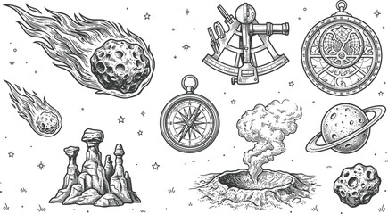 Space and astronomy themed hand drawn collection of celestial objects and navigation tools with astronomy celestial navigation asteroid universe exploration telescope discovery © Kanon Islam