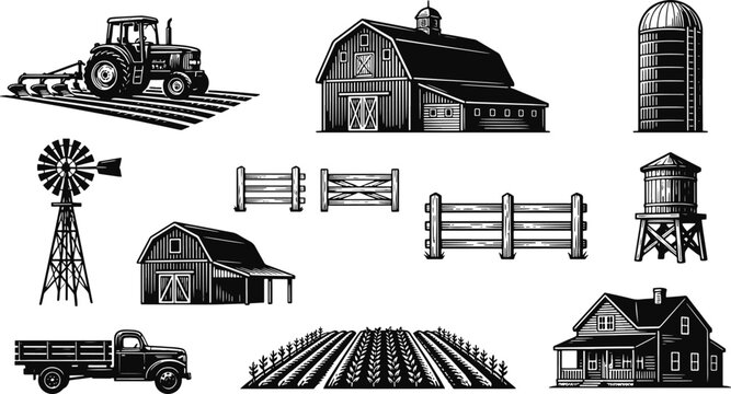 Detailed farm and agricultural themed vector elements including buildings machinery and fence with agriculture windmill countryside building agribusiness machinery equipment landscape