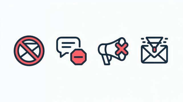 Minimalist communication restriction icons, digital censorship and spam filter symbols, flat line art set for web security and moderation