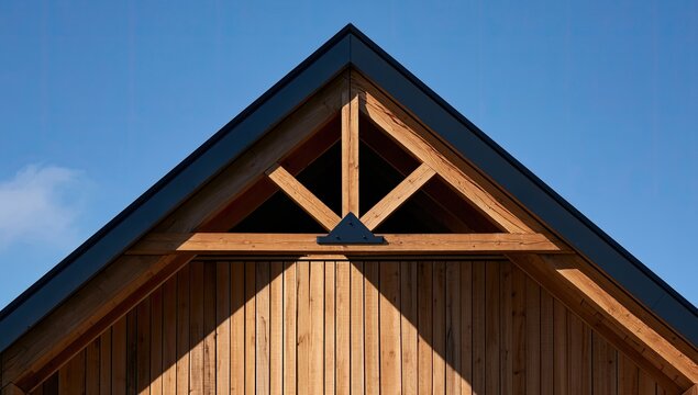 Geometric wooden gable detail with contrasting dark roofline under blue sky