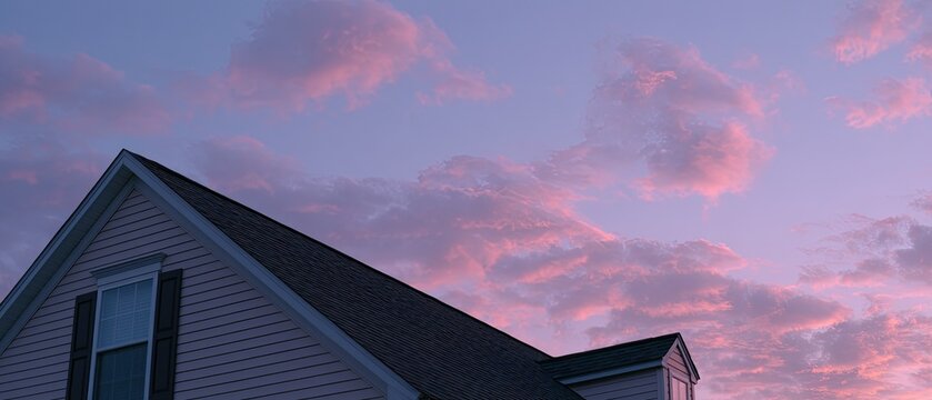 House roof against a dramatic pink and purple sunset sky