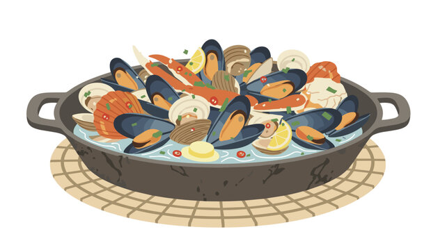 Seafood paella containing mussels clams and crab legs served in a dark iron skillet on a mat.