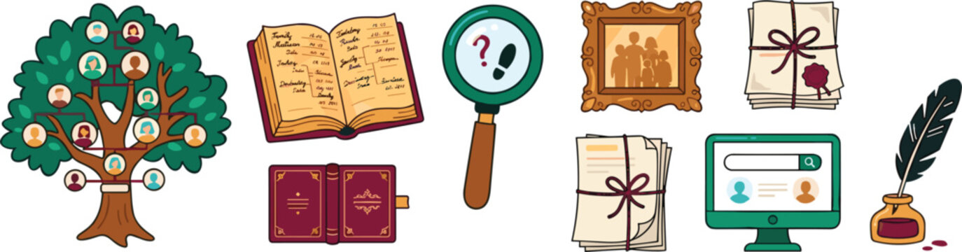 Genealogy and Family Tree Research Icon Set with Ancestry Tree, Antique Chronicles, Magnifying Glass, Vintage Photos, Archive Documents, and Online Search Portal Vectors