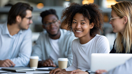 Fototapeta premium Faceless female corporate manager coaching diverse team members in modern office with business colleagues discussing project strategy at conference table, leadership mentoring