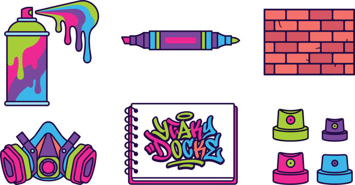 Graffiti Street Art Tool and Equipment Icon Set with Spray Paint Can, Dual Marker, Respirator Mask, Sketchbook Lettering, Caps, and Brick Wall Vectors