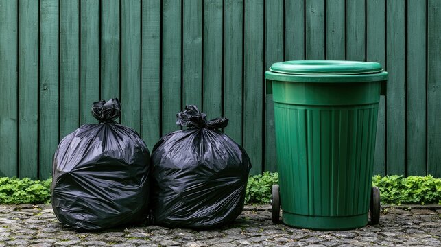 Two black trash bags sit next to a green wheeled bin before a wooden fence