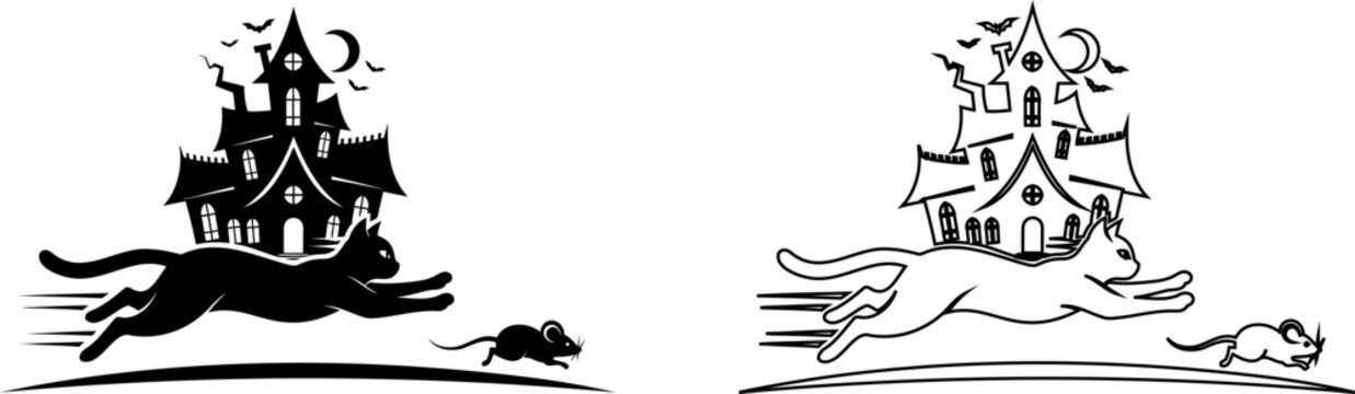 Cartoon cat chasing mouse near haunted castle illustration Editable icons
