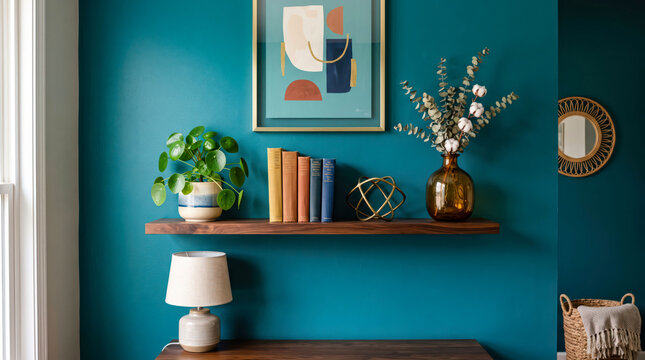 Cozy modern shelf with books, plant and vase on teal wall