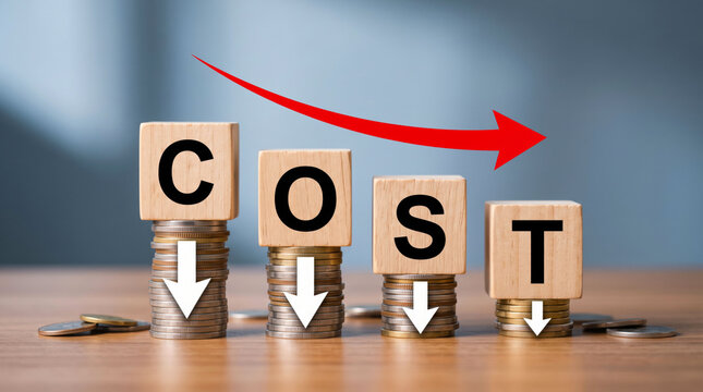 Cost reduction illustration with downward arrows