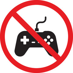 Prohibited gaming sign with game controller icon, no video games allowed symbol, red circle with diagonal line over black gamepad vector © Ghaffar.Arts