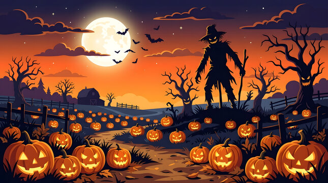 Spooky halloween scarecrow in pumpkin patch with full moon vector illustration
