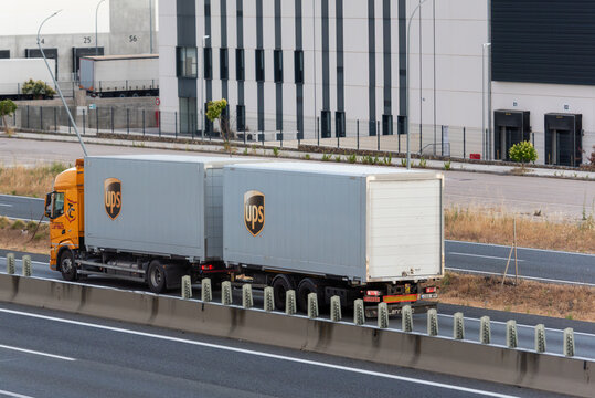 Ontigola, Toledo, Spain, 6, 24, 2026: UPS logistics truck with trailer transporting goods by road