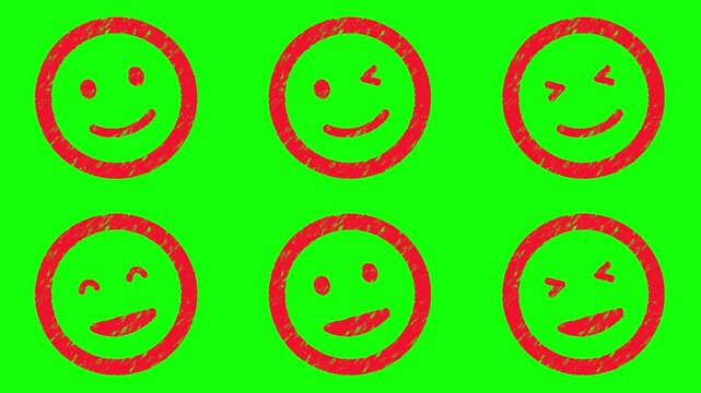 赤色のはんこ風の顔絵文字セット(笑顔)／A set of red stamp-style face emojis (smiling expressions)