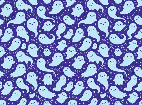 Kawaii ghost pattern seamless repeat with cute smiling specters and stars