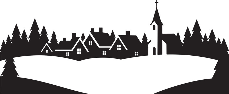 Black silhouette of a small village landscape with a church, houses, and pine trees on a white background, for projects