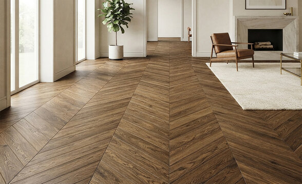 Modern living room with brown chevron wood floor and white walls