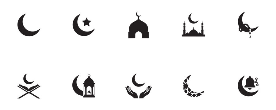 Ramadan kareem vector set includes crescent moon mosque building lantern holy book prayer hands and star symbols for islamic culture holiday graphic design.