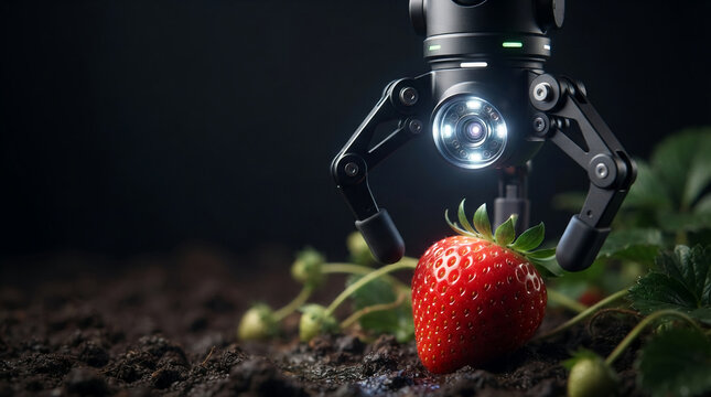 Robotic arm examines ripe strawberry in agricultural automation setup