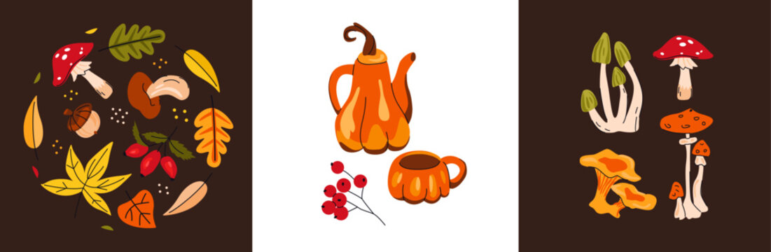Autumn posters collection. Pumpkin teapot and cup with rowan berries isolated on white background. Cozy vector illustration for seasonal decor and kitchen design. Mushrooms and leaves