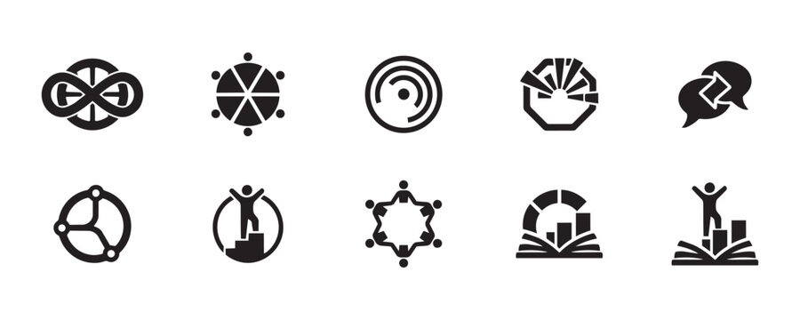 Business vector icon set featuring infinity symbol pie charts unity circles growth graphs teamwork and social interaction for corporate identity design.