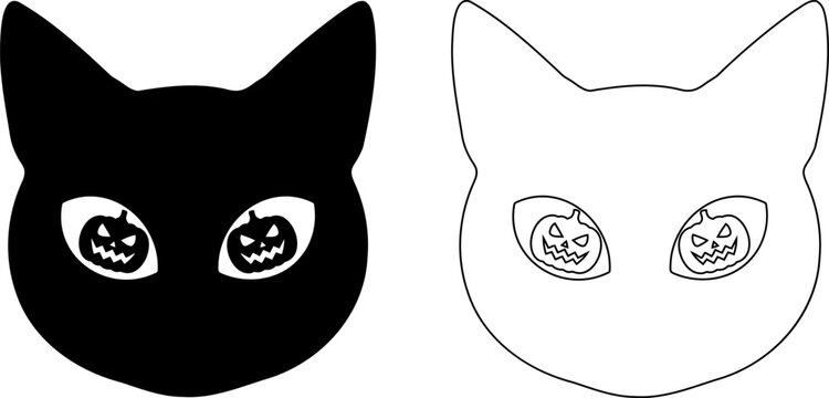 Black cat face with jack o lantern eyes Halloween style illustration Editable icons