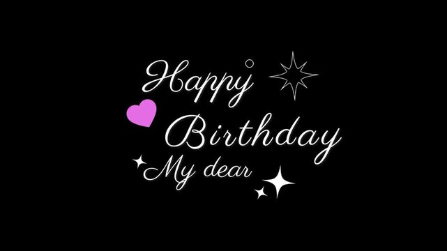 Birthday greeting message displays elegant cursive typography alongside a small pink heart icon and decorative starburst shapes set against a solid black background to celebrate a special occasion.