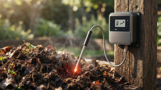 Digital compost thermometer monitors decomposing organic waste in garden pile