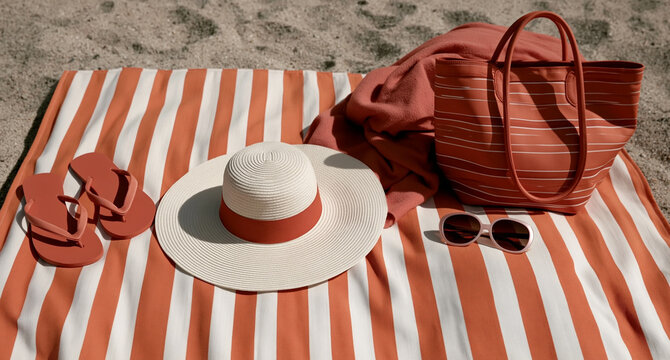 Straw hat and sunglasses on striped beach towel. Summer vacation accessories laid out on red and white fabric. Travel essentials for sunny outdoor...