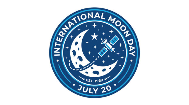 International moon day circular vector graphic design featuring a stylized lunar surface with an orbiting satellite and starry space background elements celebrating the historic landing 