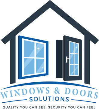 Fenster und T&uuml;ren Logo &ndash; Professionelles Firmenzeichen mit Haus Silhouette, Fensterrahmen und Haust&uuml;r f&uuml;r Handwerk und Montage Betriebe