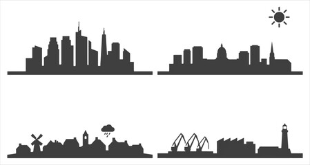 Obraz premium Set of four different city skyline silhouettes including industrial and urban landscapes with silhouette landscape buildings industrial windmill