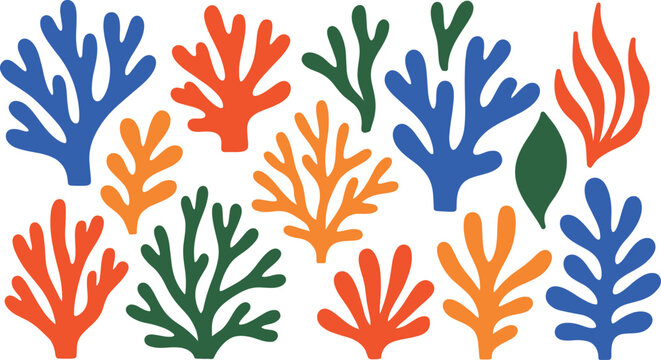 Abstract Coral and Leaf Shapes in Blue Orange and Green untitled