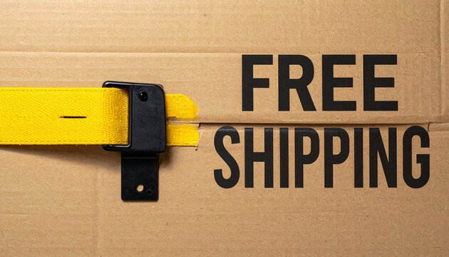 Free Shipping Text Printed on a Brown Cardboard Package with a Bright Yellow Strap and Black Buckle