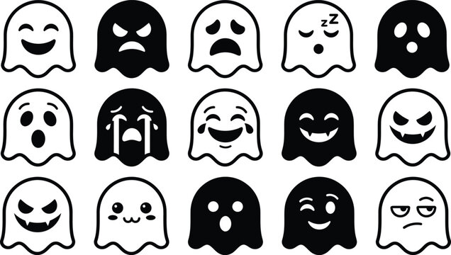Black and white ghost emoji set with various expressions