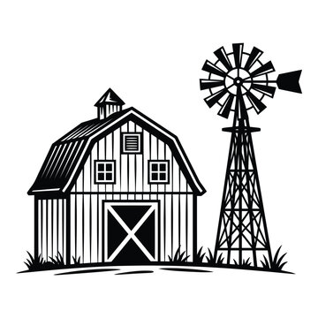Classic barn with windmill illustration in black and white vector style