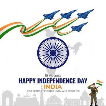 Indian fighter jets performing an aerial salute with tricolor smoke trails above a map and the ashoka chakra wheel to celebrate national independence day festivities