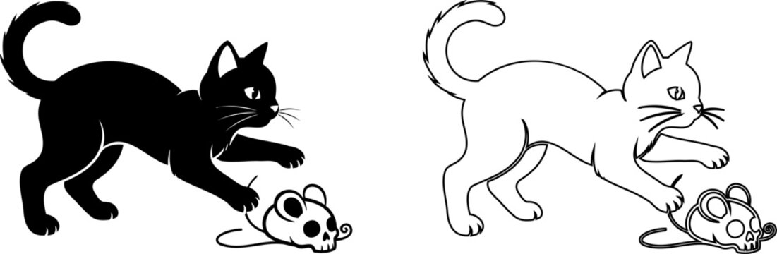 Black and white cat hunting mouse cartoon style illustration Editable icons