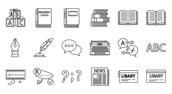 Collection of education and knowledge icons in black and white.
