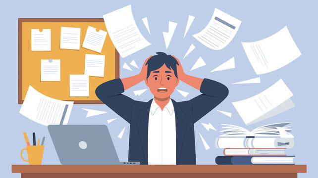 Stressed office worker overwhelmed by workload with many flying papers and documents at a desk with a laptop and stack of books.