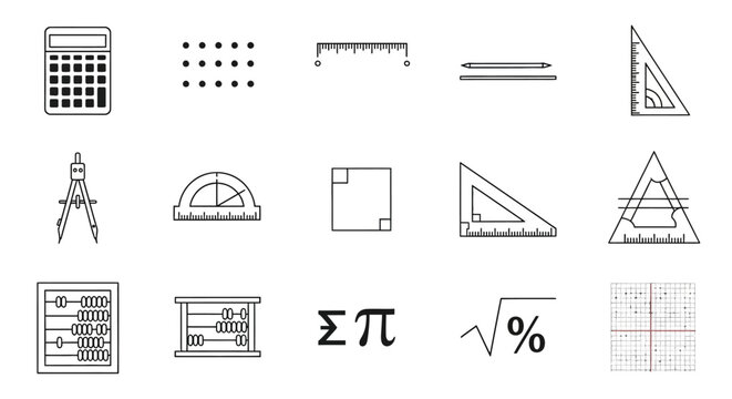 Collection of mathematical and geometric symbols and tools.